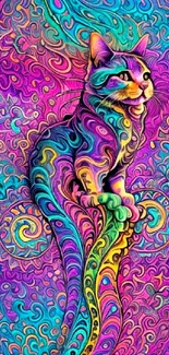 Psychedelic cat wallpaper with vibrant colors and abstract patterns.