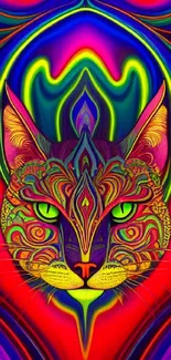 Psychedelic cat illustration with vibrant colors and abstract design.