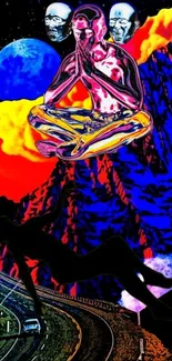 Psychedelic cosmic art with floating meditating figure and vibrant colors.