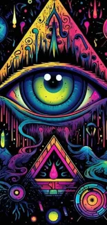 Vibrant psychedelic eye wallpaper with colorful cosmic patterns.