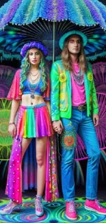 Vibrant psychedelic fashion art wallpaper with neon colors.