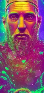 Psychedelic neon king art wallpaper with vibrant purple hues.