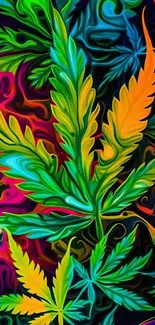 Vibrant psychedelic leaf art with colorful abstract design.