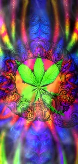 Psychedelic art wallpaper with vibrant leaf design.