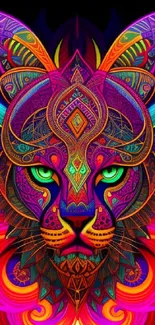 Psychedelic leopard with vibrant neon colors and intricate patterns.