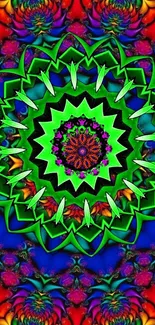 Vibrant green mandala with psychedelic colors and fractal patterns.