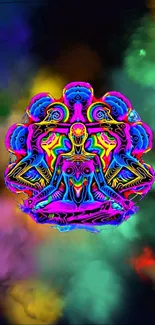 Vibrant psychedelic meditative art with neon colors in abstract design.