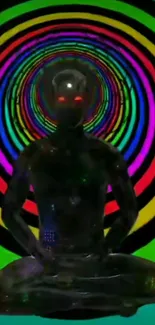 Futuristic figure with glowing eyes in psychedelic art.