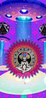 Psychedelic meditation art with purple hues and celestial themes.