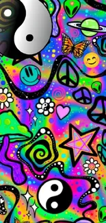 Psychedelic mobile wallpaper with colorful abstract designs, symbols, and patterns.