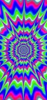 Vibrant psychedelic wallpaper with neon spiral pattern.