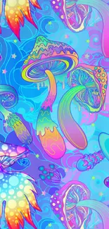 Vibrant psychedelic mushroom wallpaper with colorful neon design.