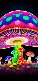 Vibrant psychedelic mushroom art with neon colors on a black background.