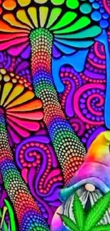 Psychedelic wallpaper with rainbow mushrooms and a whimsical gnome.