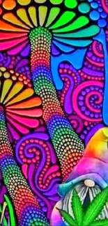 Psychedelic mushroom art with colorful gnome and vibrant patterns.