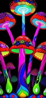 Vibrant psychedelic mushrooms with neon colors on a black background.