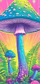 Vivid psychedelic mushroom artwork featuring vibrant colors and abstract design.