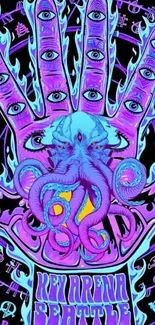 Purple and blue psychedelic octopus art with mystical elements.