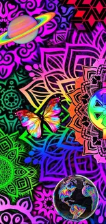 Vibrant psychedelic art with butterfly, peace symbol, and cosmic planet.