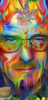 Psychedelic colorful portrait with vibrant colors and abstract design.