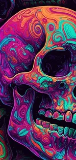 Colorful psychedelic skull art with vibrant patterns.