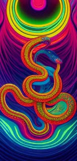 A vibrant psychedelic snake design with neon colors on a dark purple background.