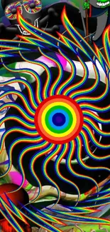 Colorful psychedelic wallpaper with a rainbow spiral design.