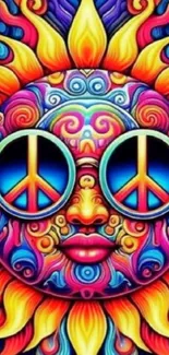 Vibrant psychedelic sun with colorful swirls and peace-sign glasses.