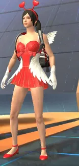 PUBG Mobile Lite character in red dress with angel wings on gaming interface.