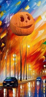 Vibrant urban pumpkin street art wallpaper with colorful night lights.