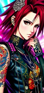 Vibrant punk anime character with tattoos in dynamic colors.