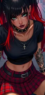 Anime girl with red and black punk style and tattoos.