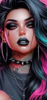 Colorful punk art mobile wallpaper with bold makeup and vibrant hair.