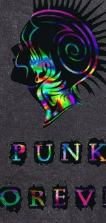 Vibrant silhouette with 'Punk Forever' text on colorful mobile wallpaper.