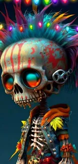 Funky punk skull with neon colors and mohawk in vibrant mobile wallpaper.