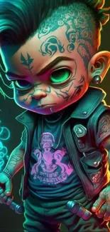 Vibrant punk style character with tattoos in neon colors.