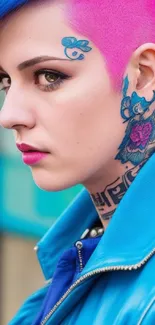 Colorful punk style portrait with tattoos and vibrant hair.