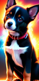 A vibrant wallpaper of a puppy with a fiery background.