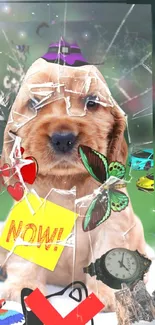 Charming puppy with vibrant collage elements including cars and butterflies.