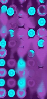 Vibrant wallpaper with purple and blue hearts and circles.