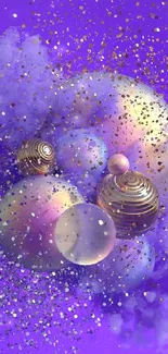 Colorful abstract wallpaper with spheres and particles on a vibrant purple background.