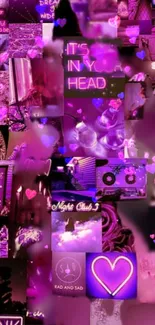 Purple aesthetic collage wallpaper with neon signs and hearts.