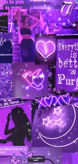 Vibrant purple aesthetic wallpaper with neon elements and uplifting quotes.