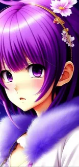 Anime girl with purple hair and flowers in starry night.