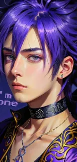 Anime character with vibrant purple hair and intricate design.