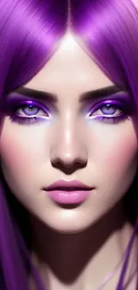 Vibrant portrait wallpaper of a woman with purple hair and captivating eyes.