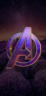 Purple Avenger logo under a starry sky with lavender fields.