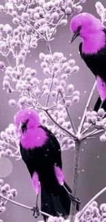 Two vibrant purple birds perched on delicate branches.