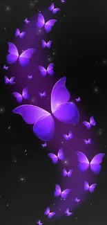 Vibrant purple butterflies against a black background, perfect for a mobile wallpaper.