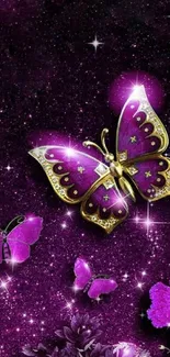 Purple butterfly wallpaper with galaxy background and sparkling stars.